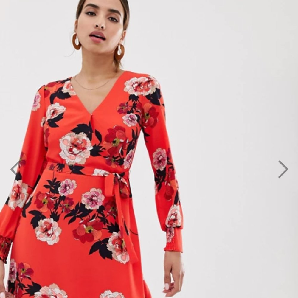 Asos Oasis Red Floral Wrap Dress Size 8